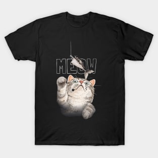 meow slogan with cute cat reaching for fish bait illustration T-Shirt